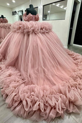 Off-Shoulder Ball Gown Beaded Crystal Sequins Tiered Pink Tulle Quinceanera & Formal Evening Dress